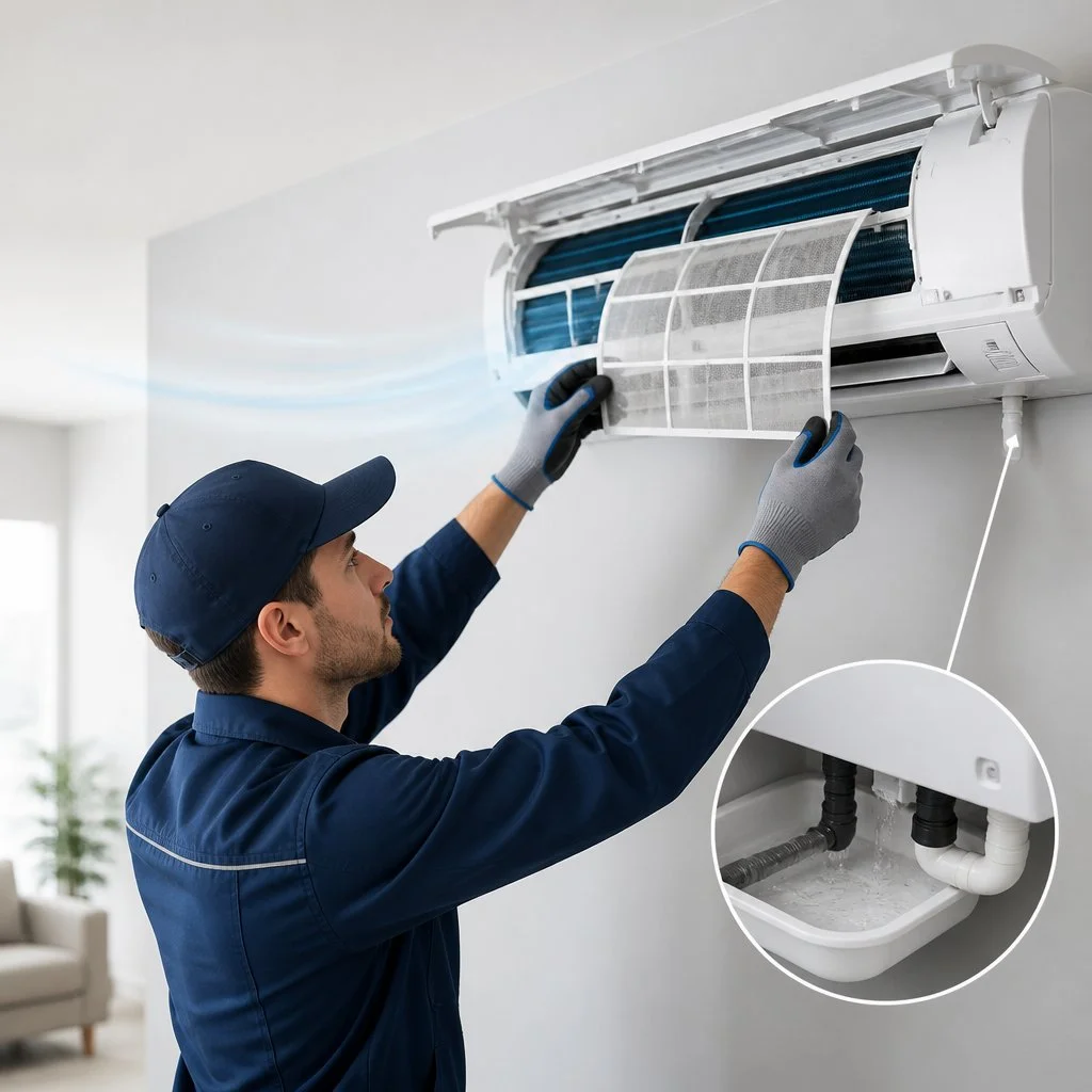 Cleaning the air filter and condensate drainage system to restore proper air conditioner performance