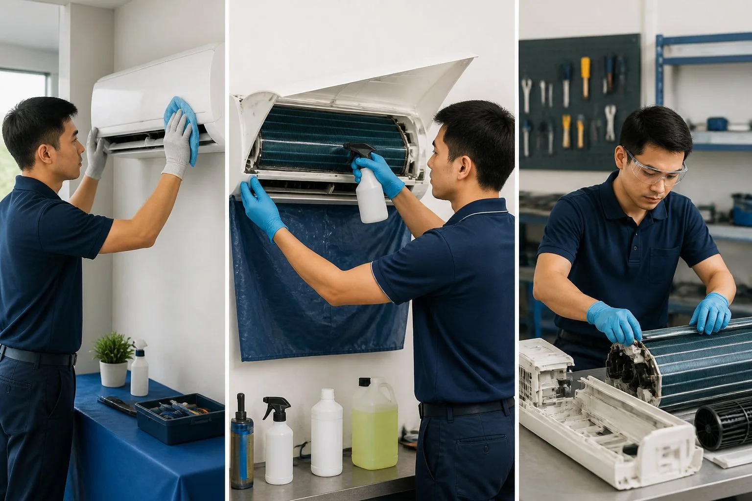 Comparison of standard aircon cleaning, chemical cleaning, and chemical overhaul services for residential air conditioners