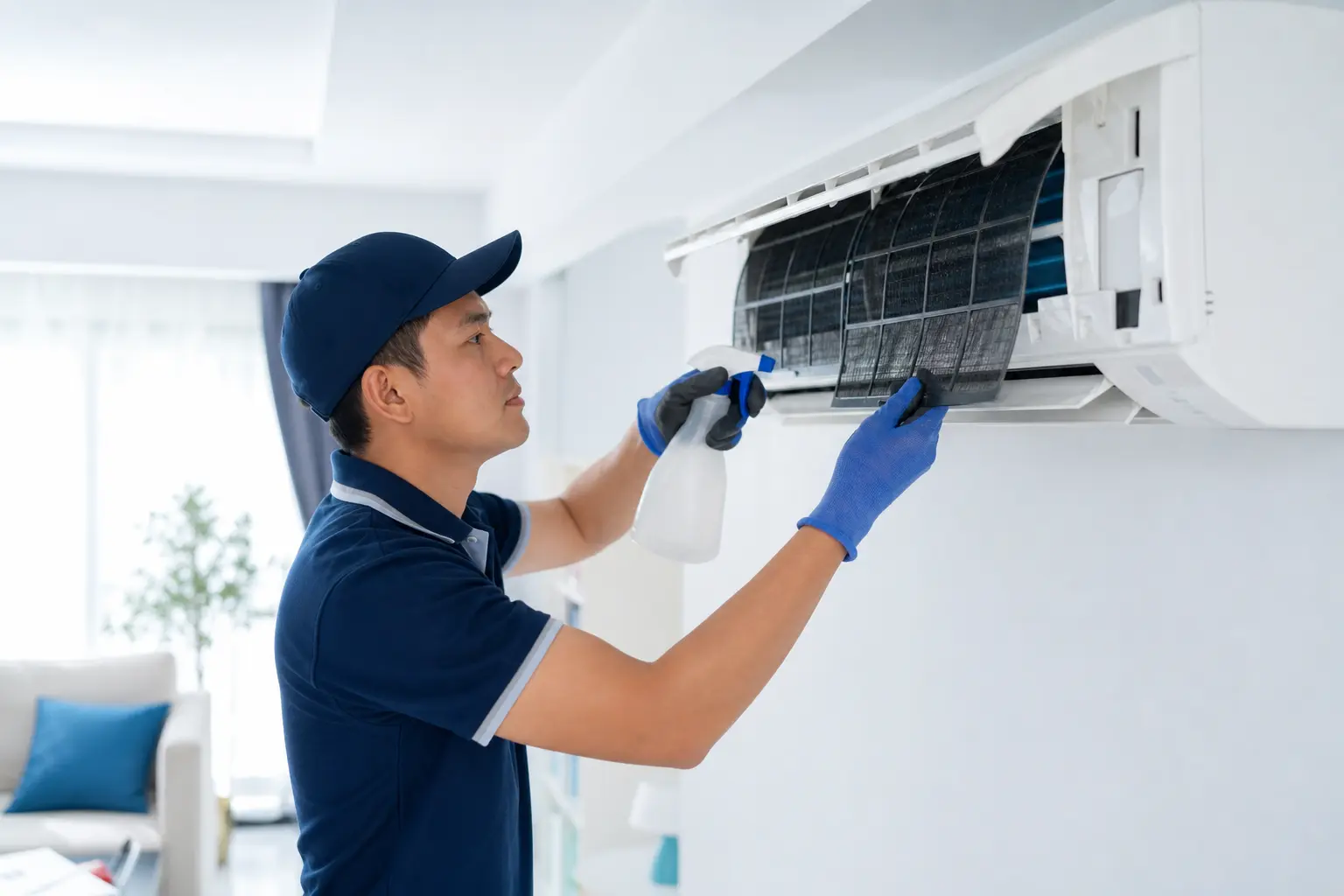 Technician cleaning a split-type air conditioner for a home in Dasmariñas, Cavite