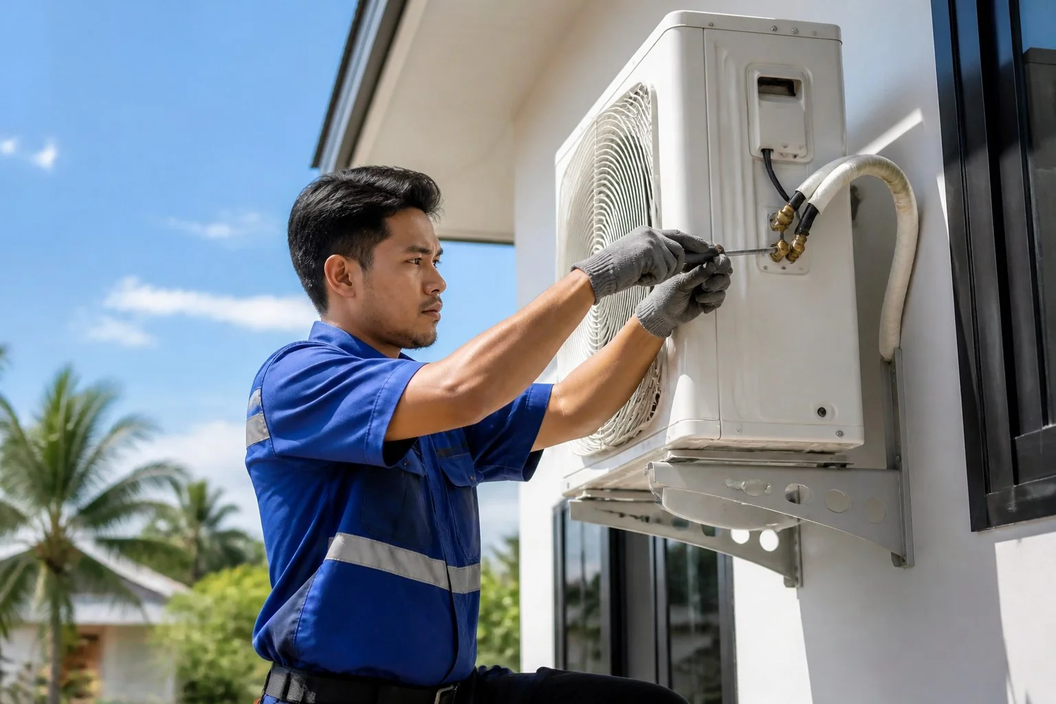 Professional installation of a split-type air conditioner in a residential home in Dasmariñas, Cavite