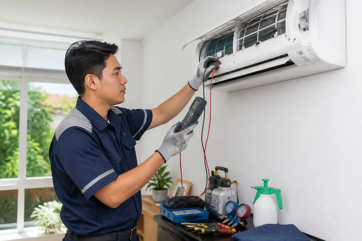 Technician performing a complete air conditioner maintenance service, including inspection, cleaning, and performance testing