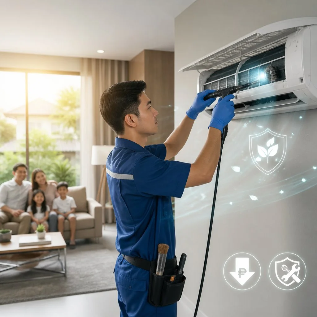 Technician performing preventive air conditioner maintenance to improve cooling performance and efficiency