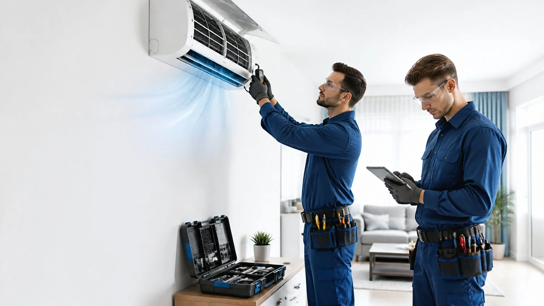 Certified HVAC technician inspecting an air conditioning system before refrigerant charging