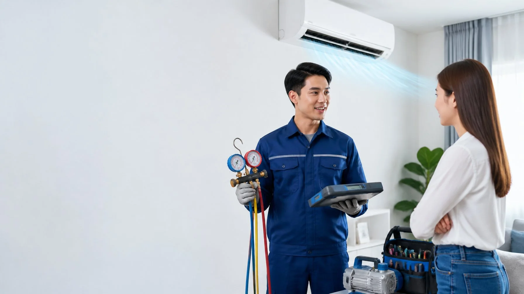 Certified air conditioning technician providing professional refrigerant charging service in Dasmariñas, Cavite