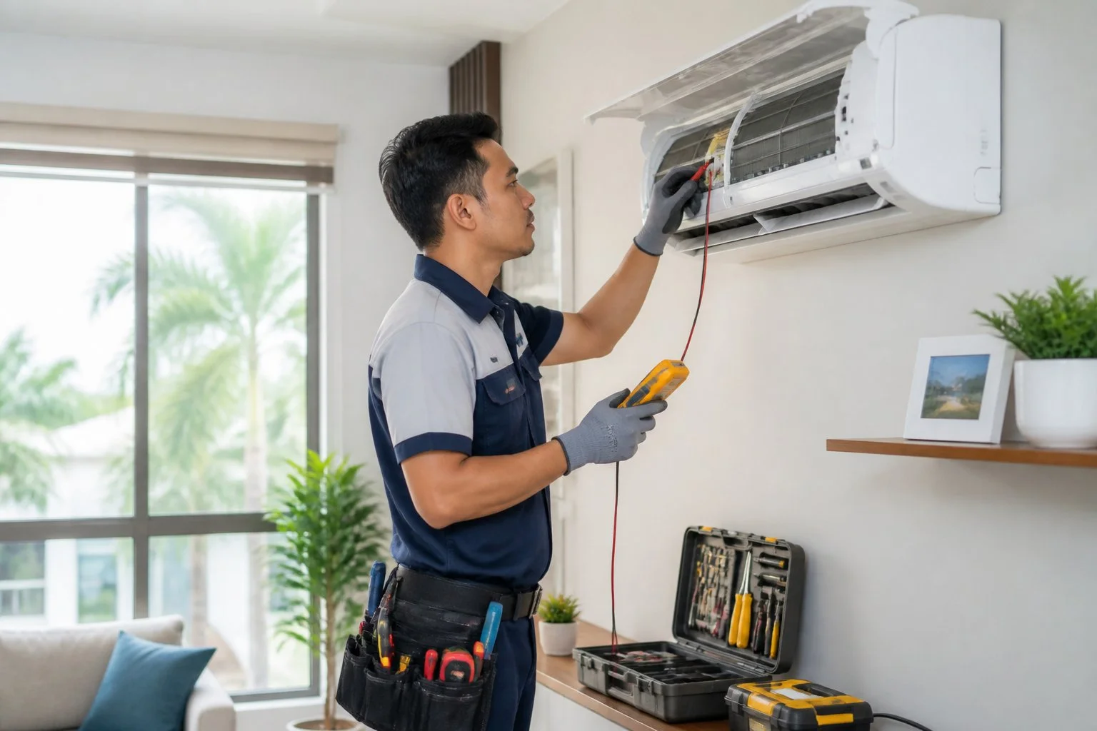 Technician diagnosing common air conditioner problems in a residential split-type unit in Dasmariñas, Cavite