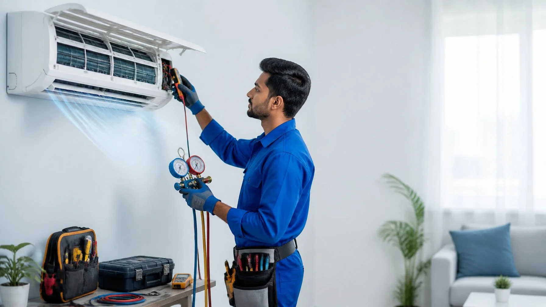Technician using professional diagnostic tools to identify air conditioner performance issues