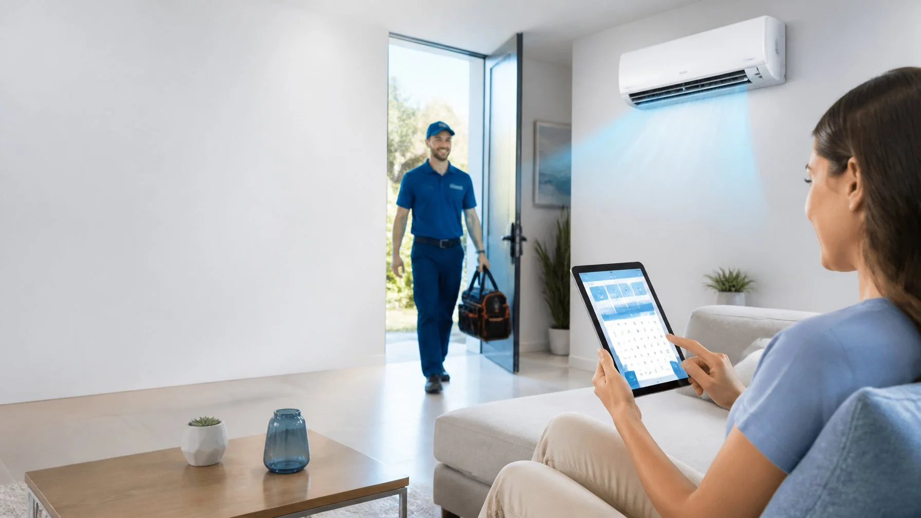Customer scheduling an air conditioning service appointment online using a mobile device