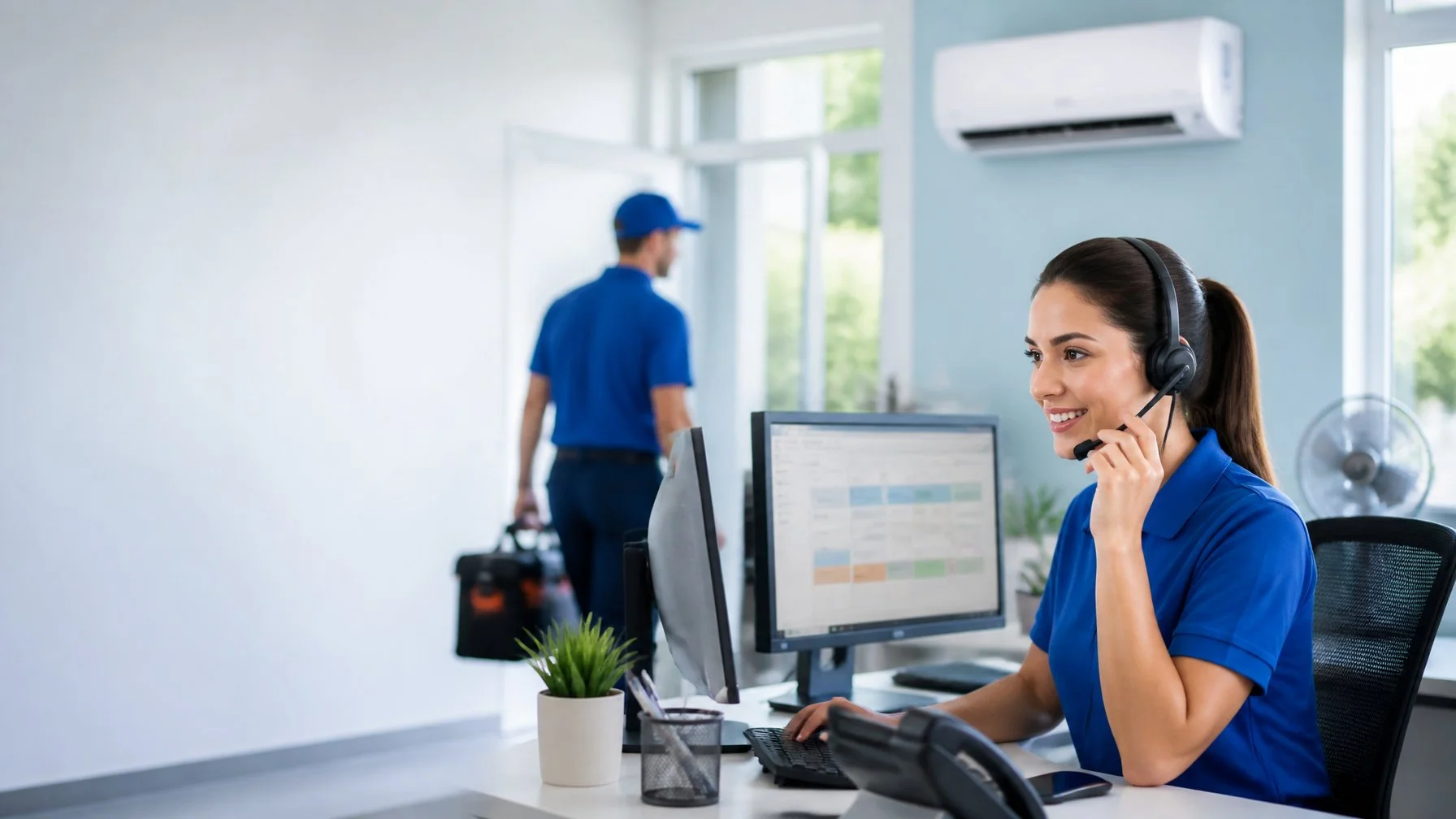 Friendly customer support representative assisting a customer with an air conditioning installation inquiry