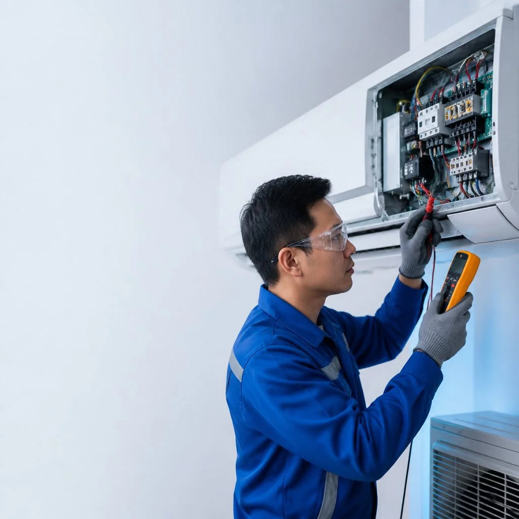 Technician inspecting electrical components and wiring inside a split-type air conditioner