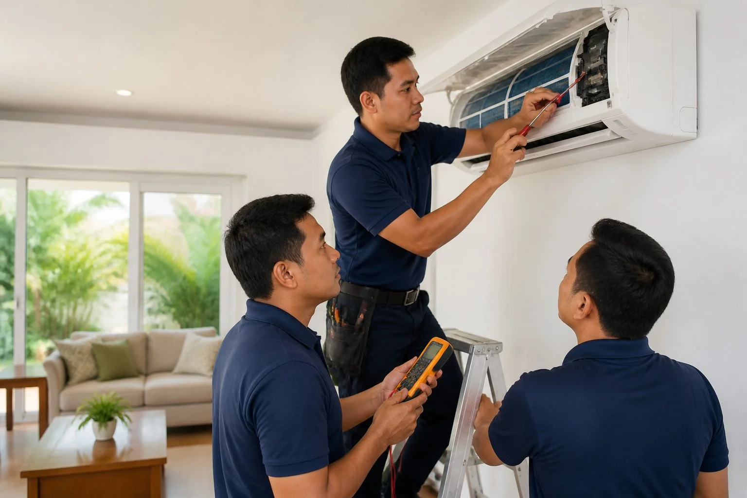 Certified air conditioning technician performing a detailed inspection before repairing an air conditioner