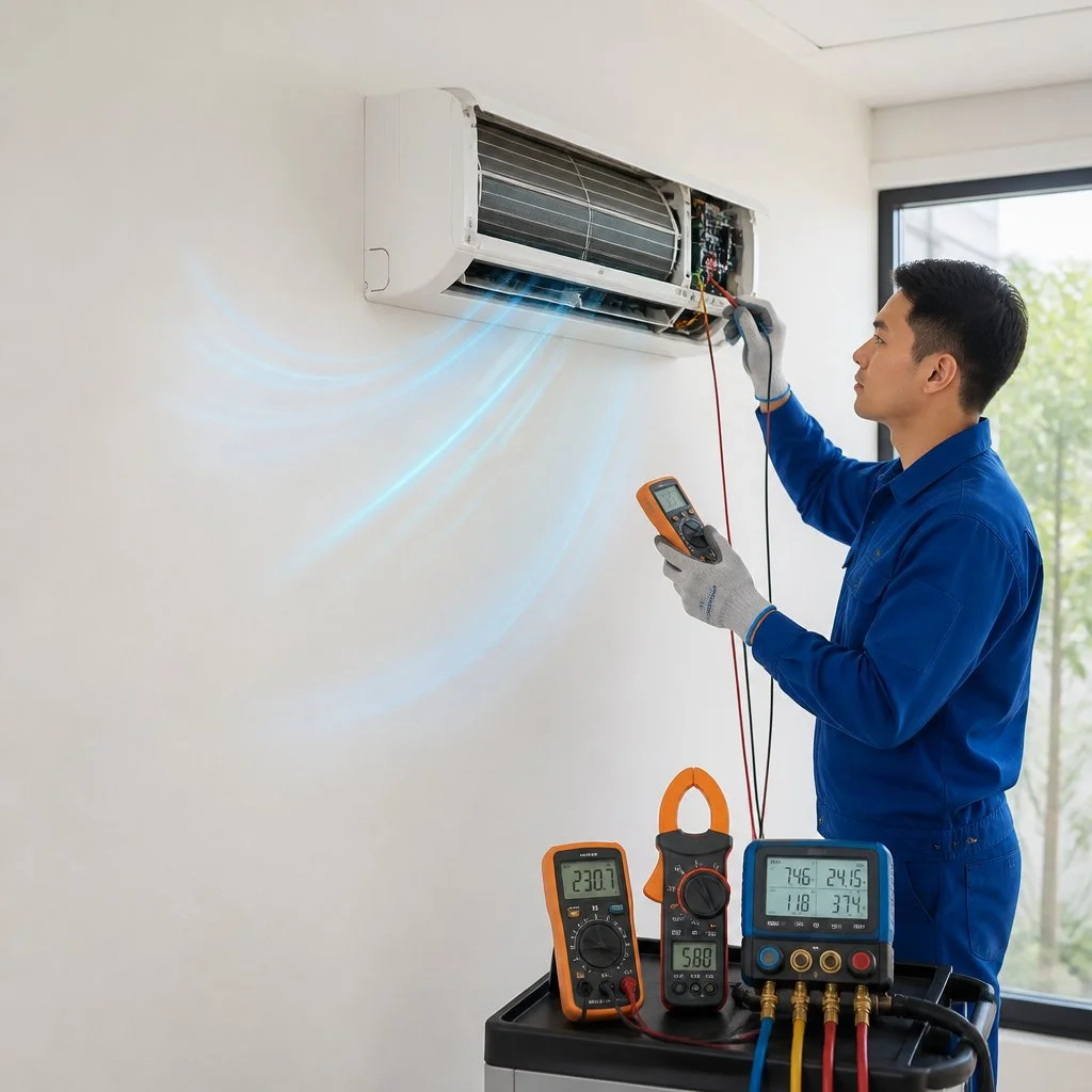 Experienced technician using diagnostic tools to identify air conditioner faults quickly and accurately