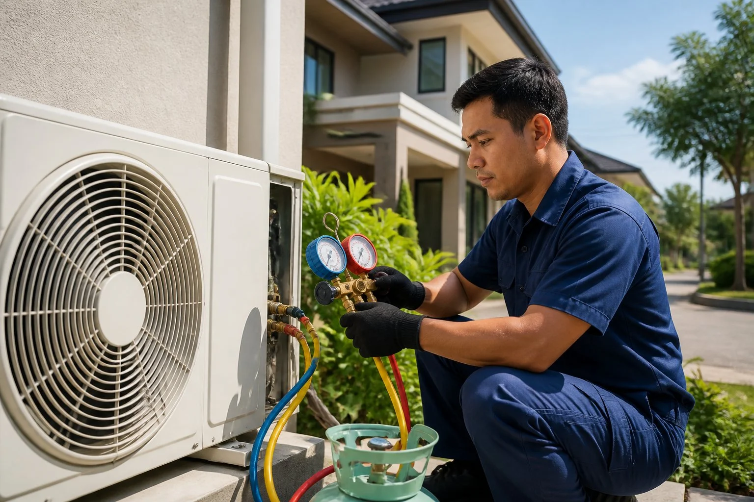Technician checking refrigerant pressure during freon charging for a residential split-type air conditioner