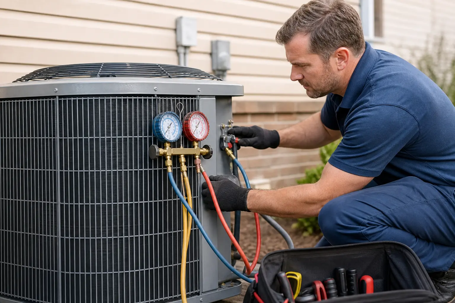 Technician checking refrigerant pressure during aircon freon charging service in Dasmariñas, Cavite