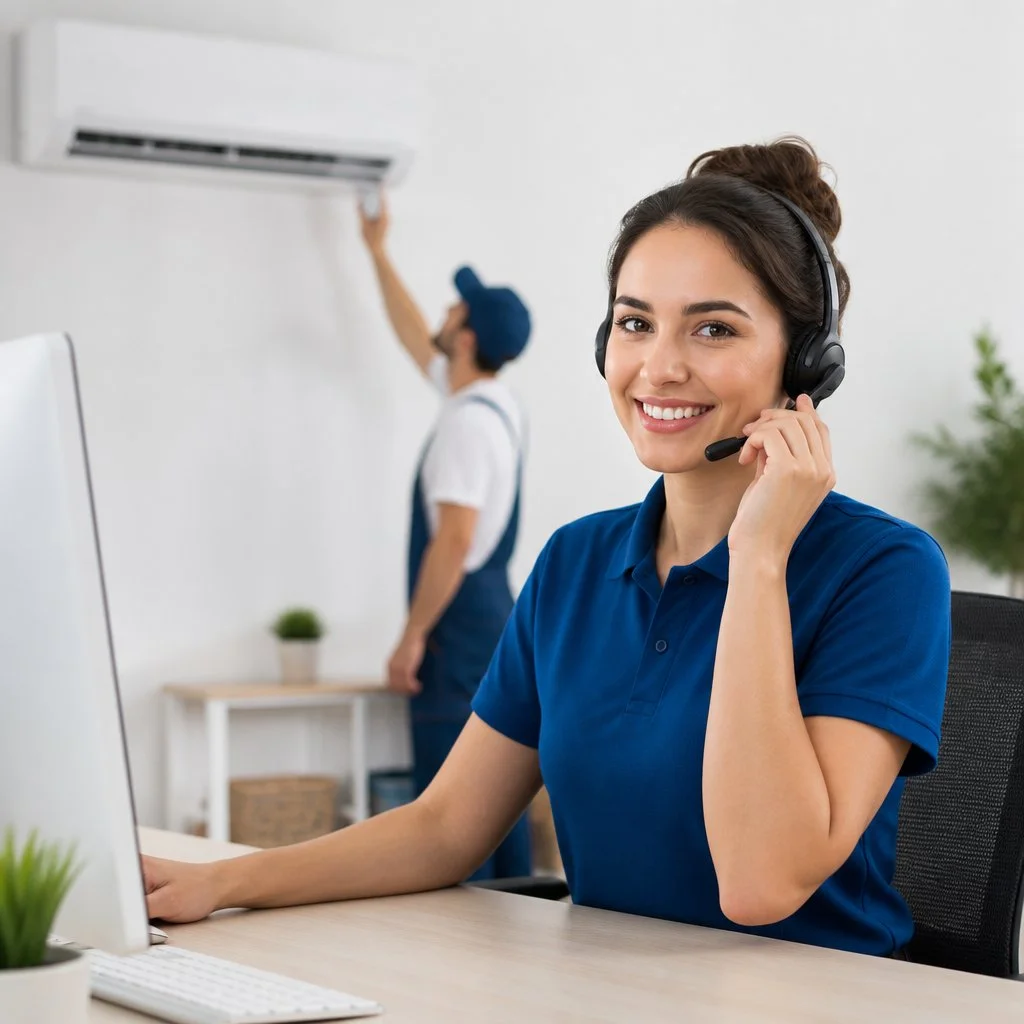 Customer service representative assisting a homeowner with an air conditioning service inquiry
