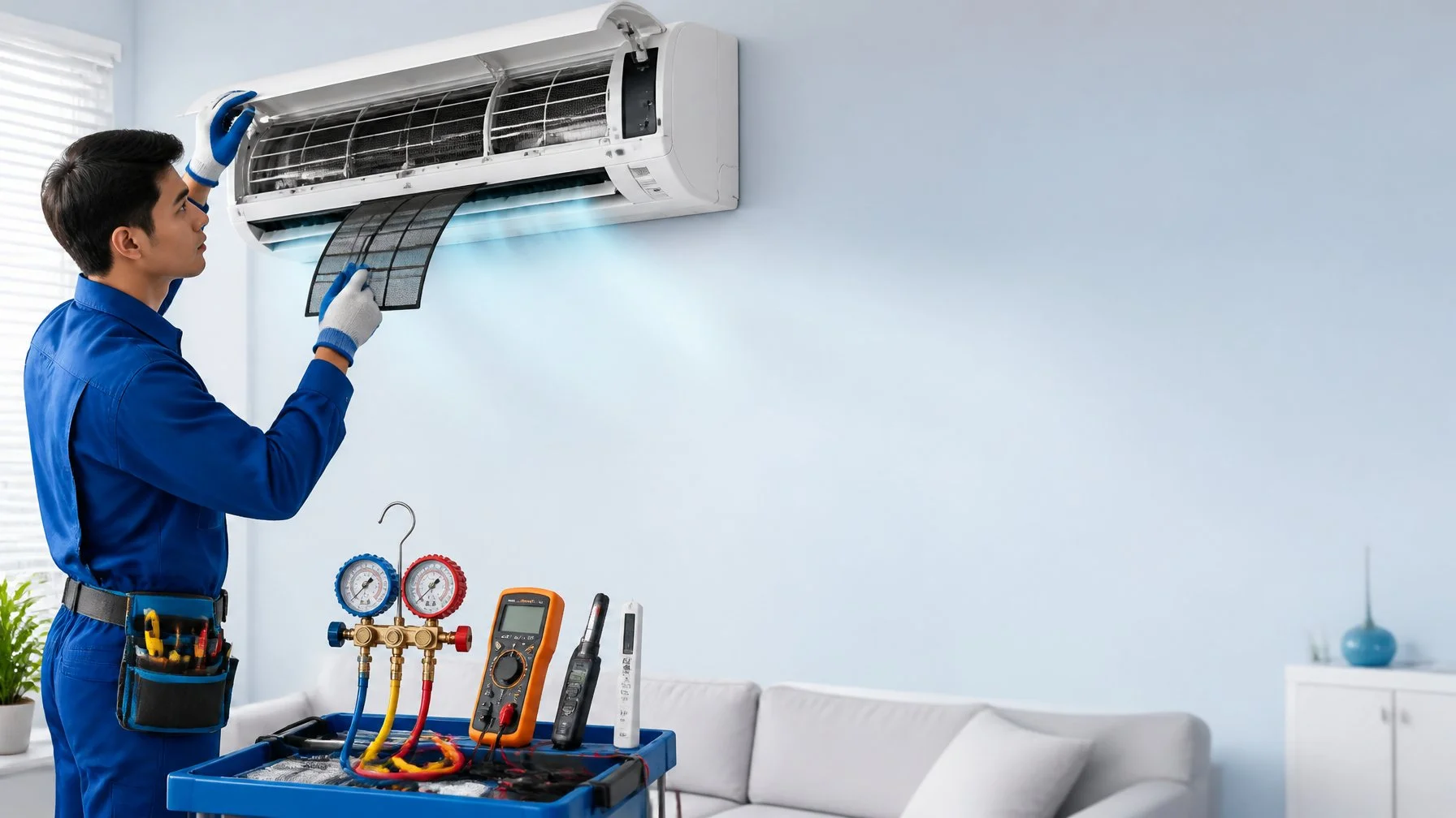 Technician performing inspection, diagnosis, repair, and maintenance on a residential air conditioner