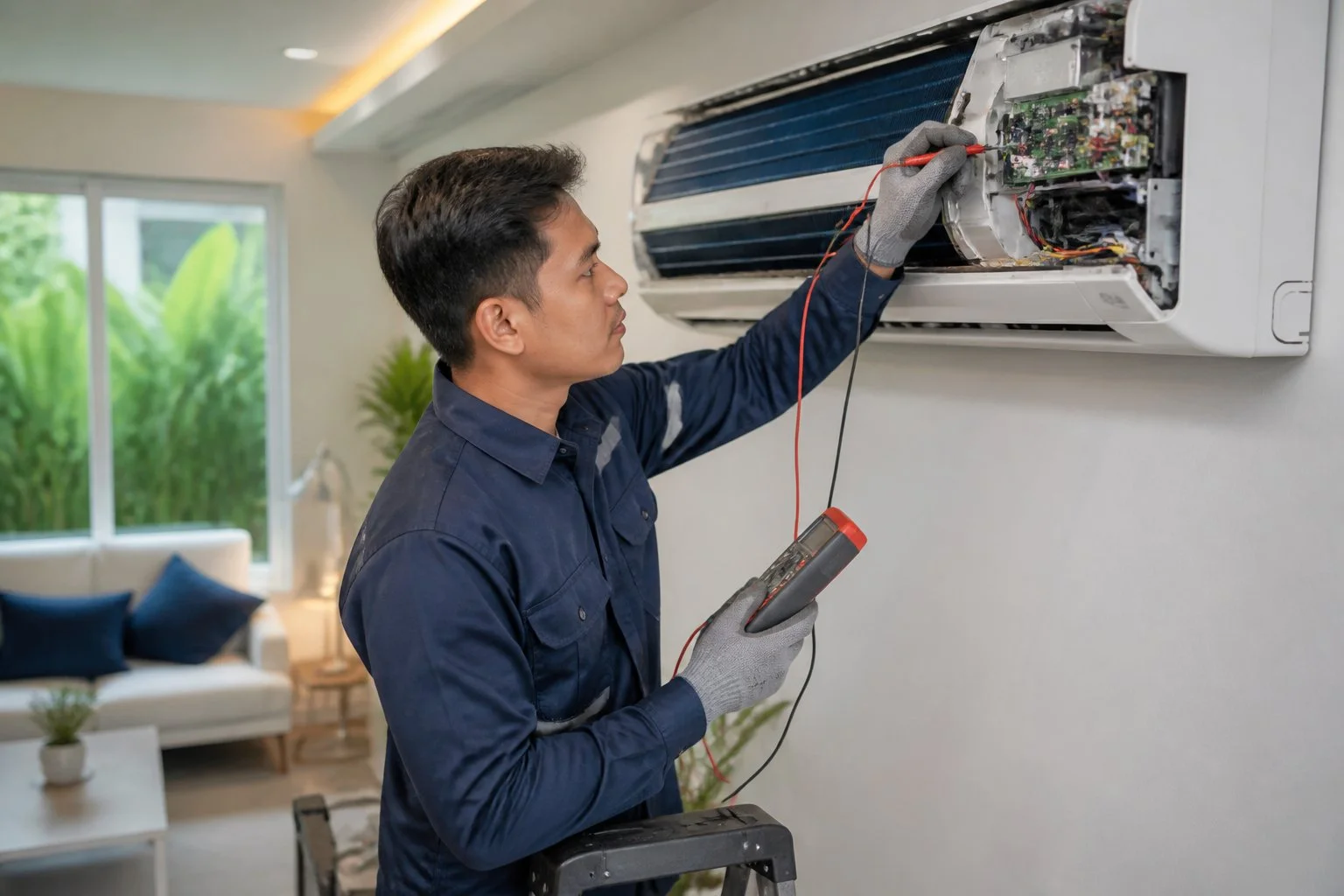Technician diagnosing common air conditioner issues in a residential split-type system