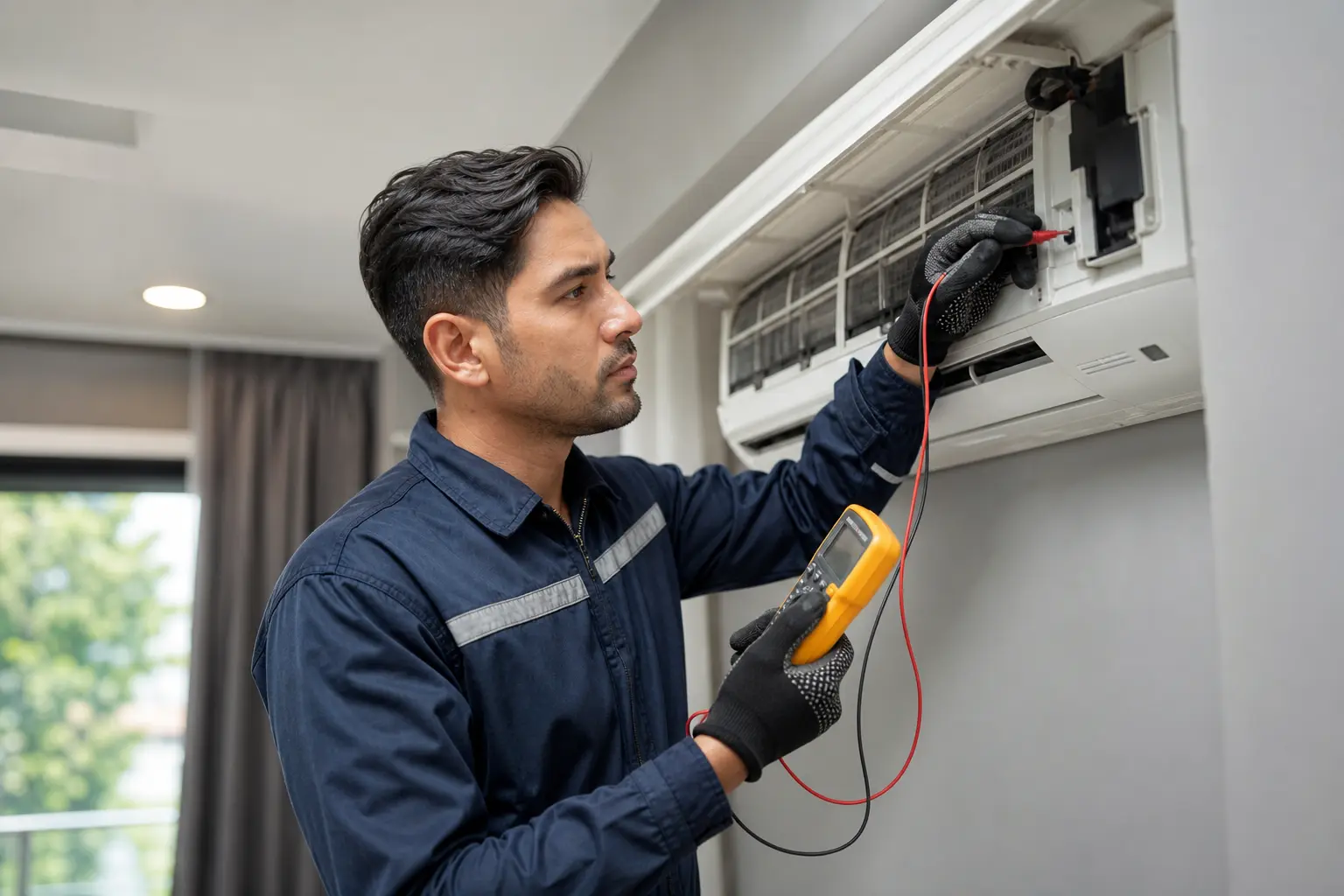 Air conditioning technician diagnosing and troubleshooting a residential air conditioner