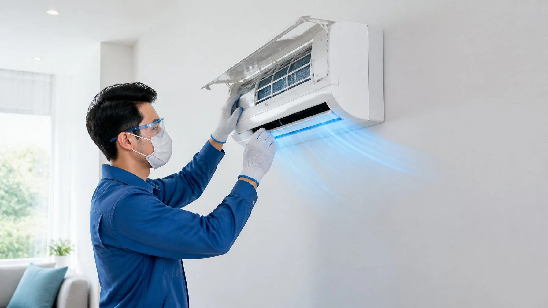 Technician following proper safety procedures while performing air conditioner maintenance