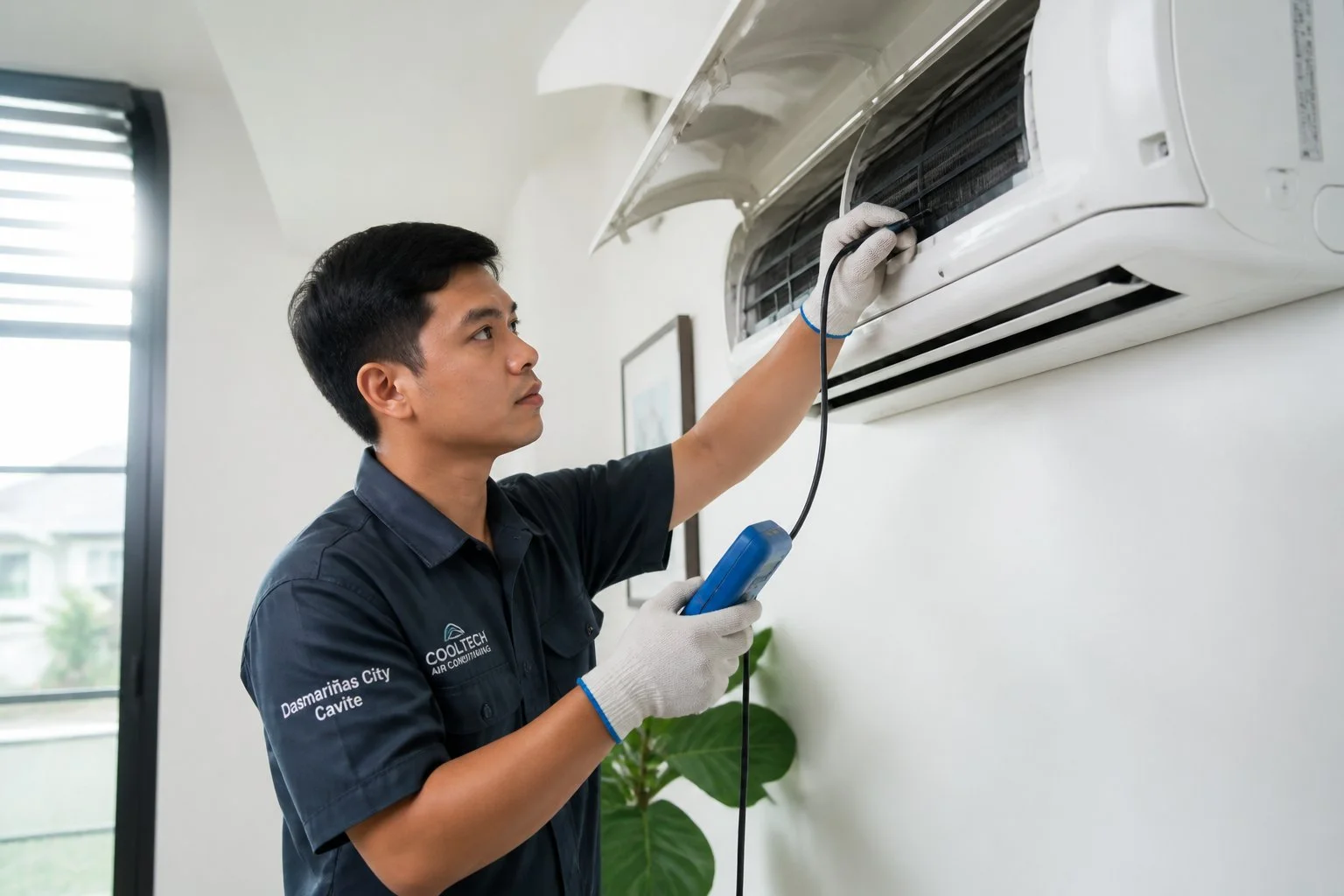 Certified technician performing a quality inspection on a residential air conditioning system in Dasmariñas, Cavite