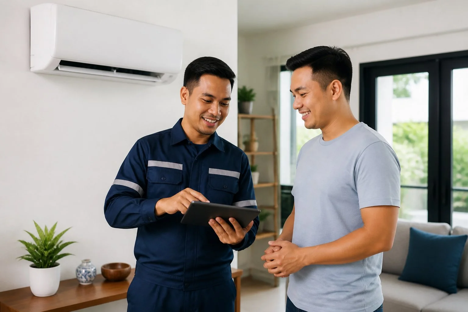 Technician performing preventive maintenance and cleaning to keep a newly installed air conditioner operating efficiently