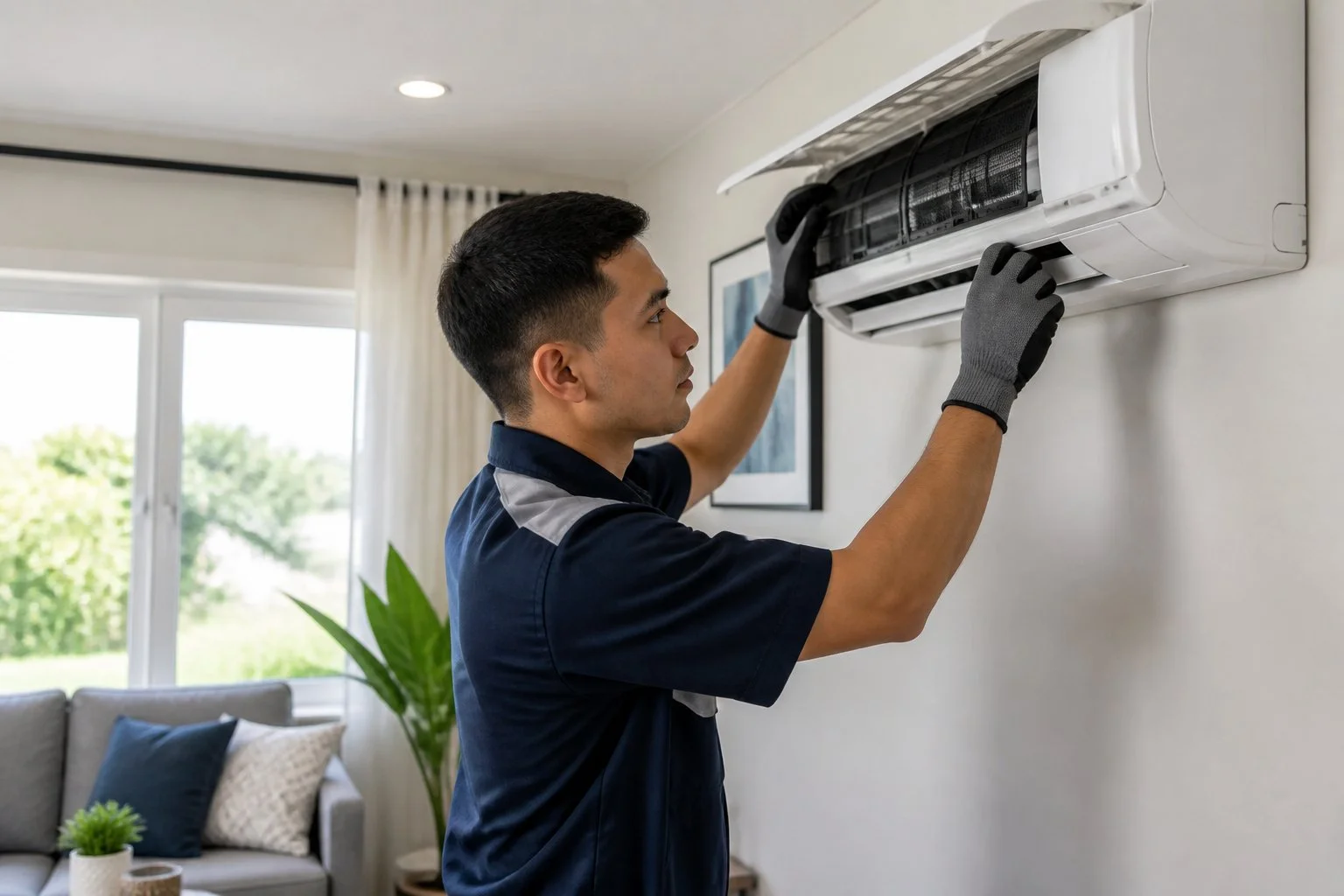 Technician cleaning air conditioner filters and coils in Dasmariñas, Cavite