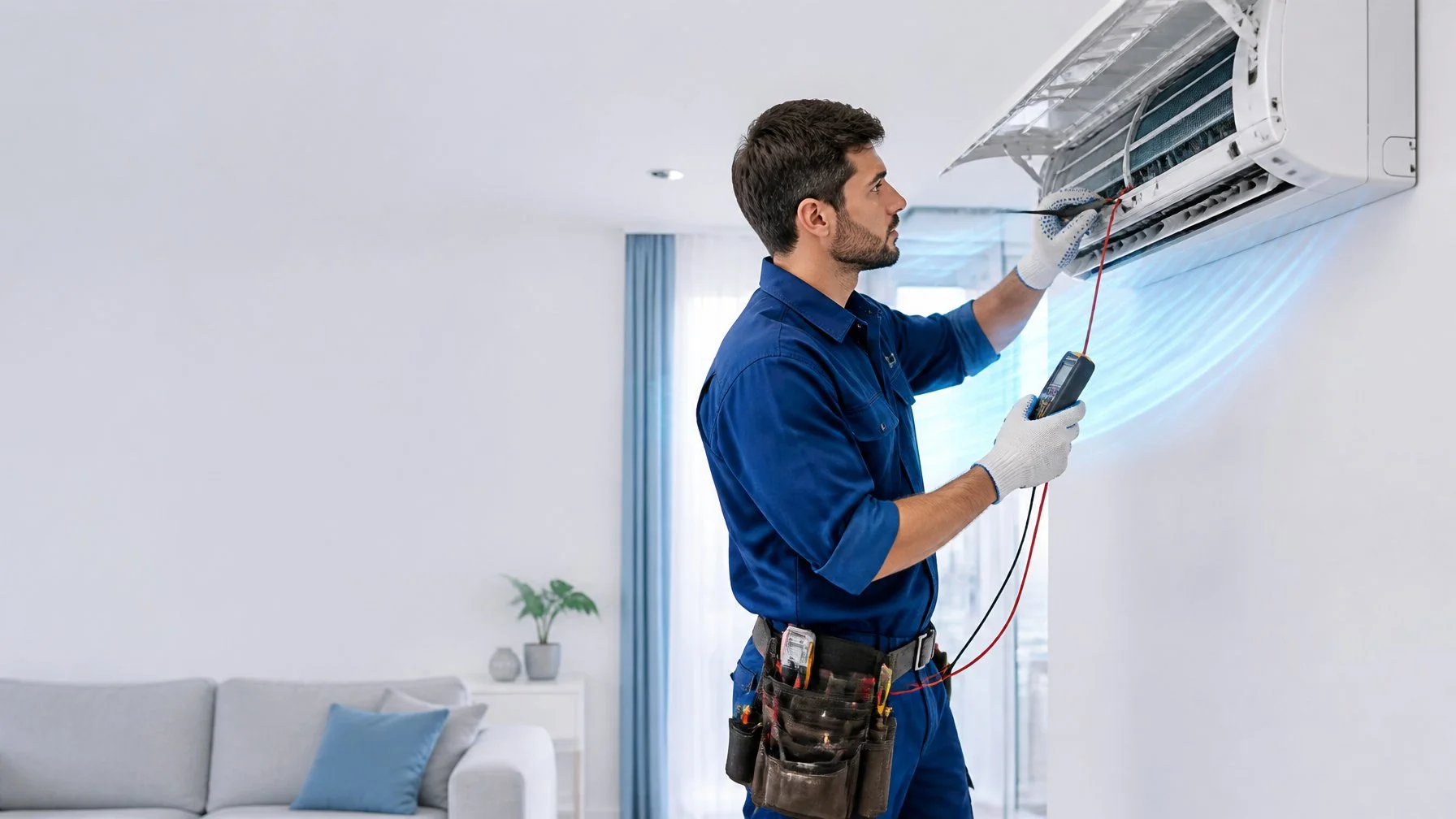 Certified air conditioning technician conducting preventive maintenance on a residential split-type air conditioner