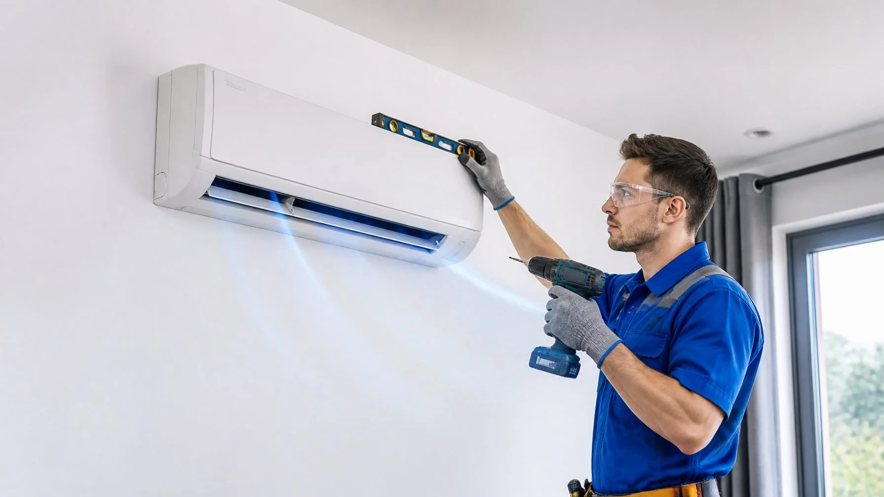 Certified air conditioning technician installing a split-type air conditioner according to industry standards