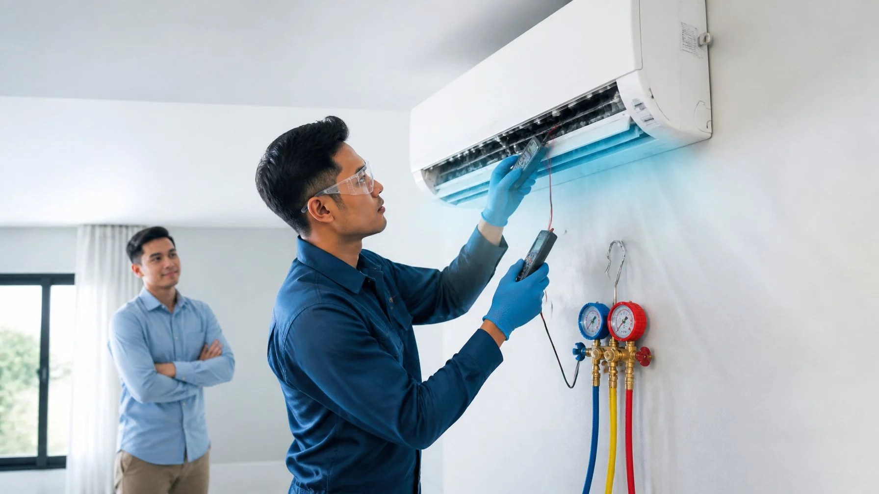 Professional technician completing a quality inspection after air conditioner repair