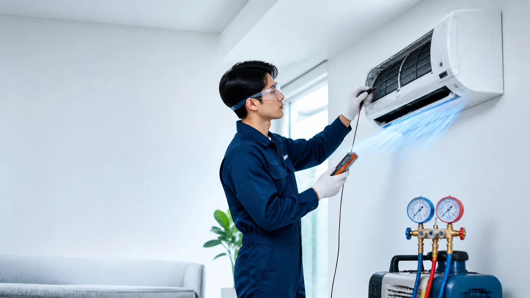 Technician following industry safety standards while servicing an air conditioning refrigerant system