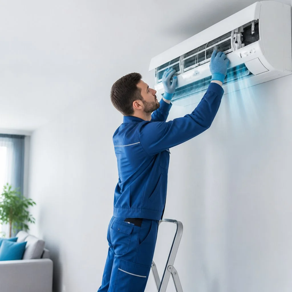 Technician carefully servicing a split-type air conditioner with professional workmanship