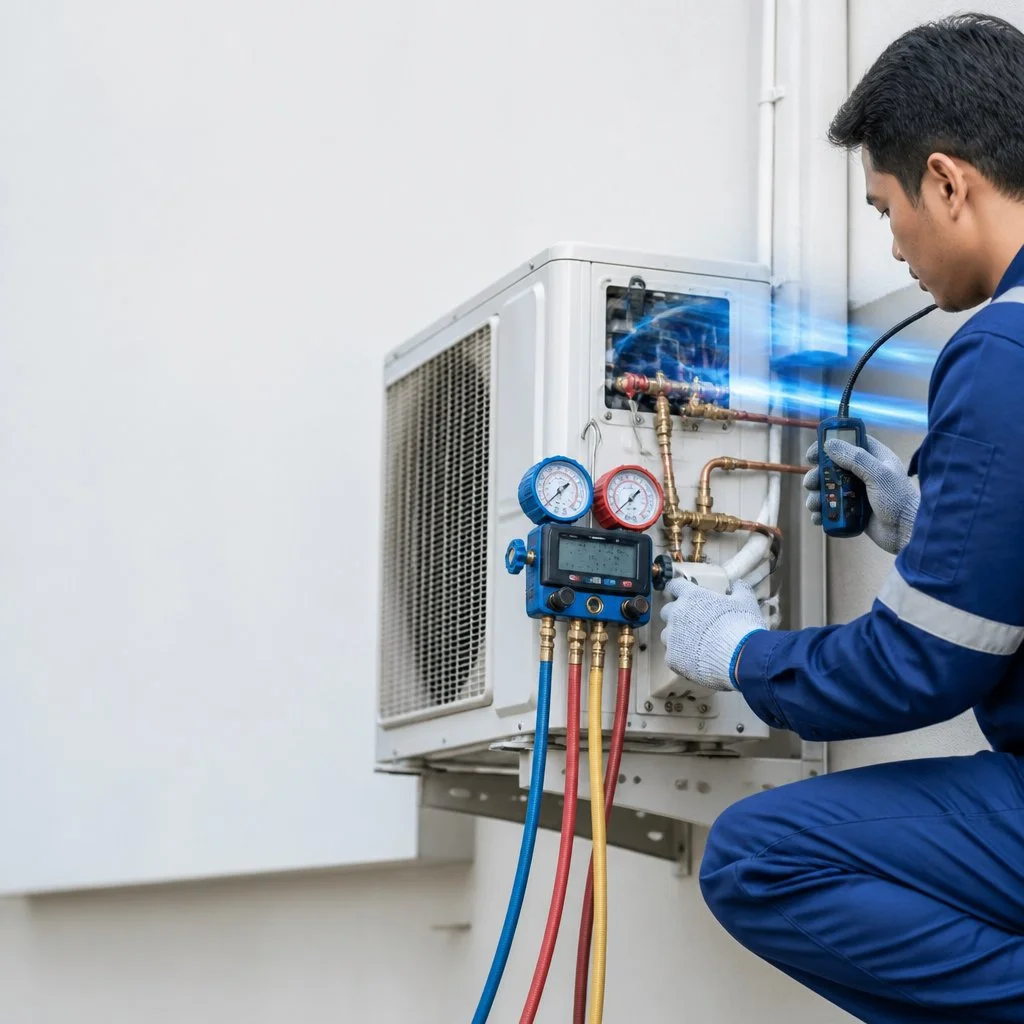 Air conditioning technician detecting a refrigerant leak and checking system pressure with service gauges