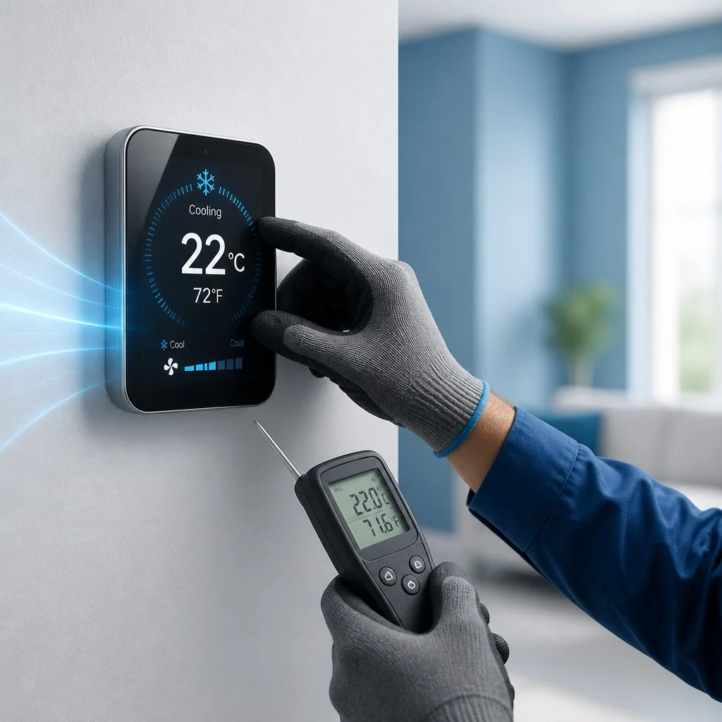 Technician testing an air conditioner thermostat to diagnose temperature control issues