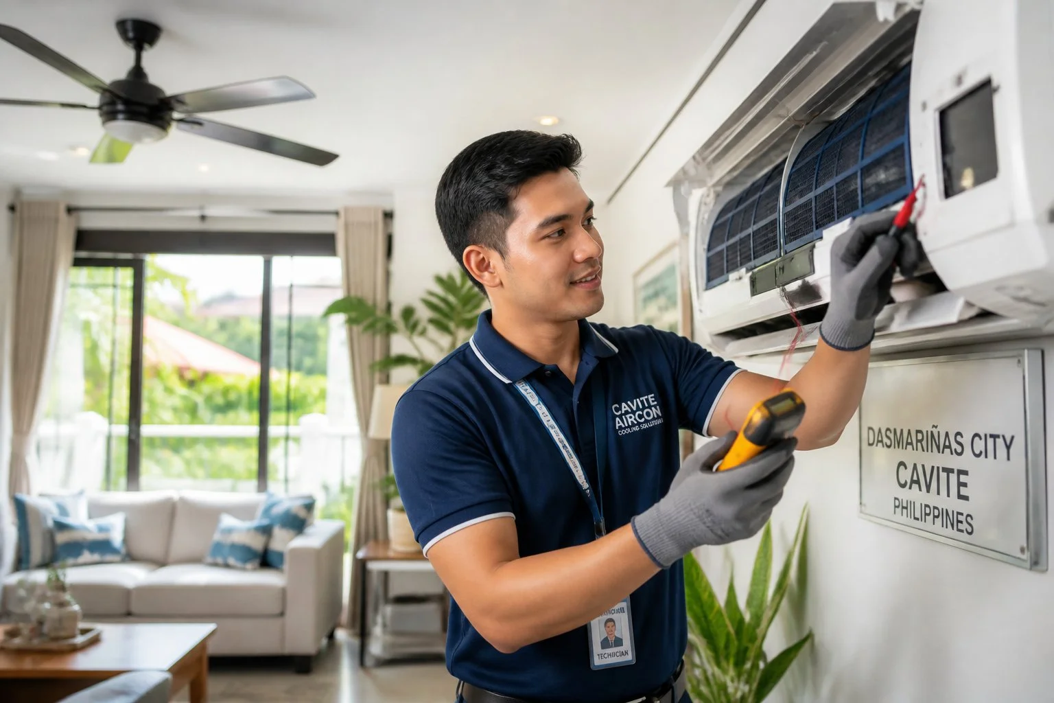 Technician cleaning air conditioner filters and coils in Dasmariñas, Cavite